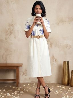 max - Off White Embroidered Half Sleeves Dress, Belt