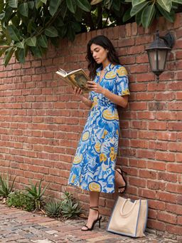max - Blue Floral Half Sleeves Dress
