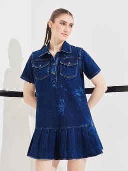 DOLCE CRUDO - Blue Solid/Plain Half Sleeves Dress