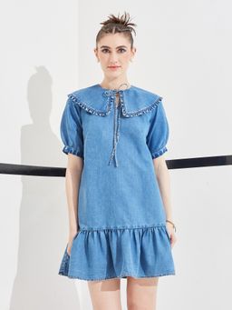 DOLCE CRUDO - Blue Solid/Plain Half Sleeves Dress