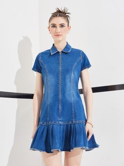 DOLCE CRUDO - Blue Solid/Plain Half Sleeves Dress