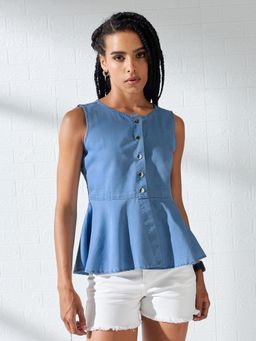 DOLCE CRUDO - Blue Solid/Plain Sleeveless Regular Top