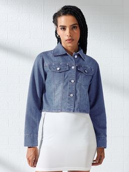 DOLCE CRUDO - Navy Blue Solid/Plain Full Sleeves Crop Jacket