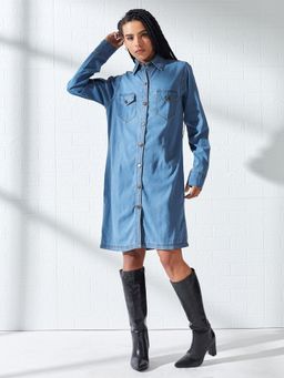 DOLCE CRUDO - Blue Solid/Plain Full Sleeves Longline Jacket