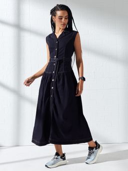 DOLCE CRUDO - Navy Blue Solid/Plain Sleeveless Dress with Belt