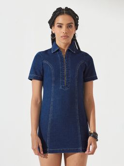 DOLCE CRUDO - Blue Solid/Plain Half Sleeves Dress