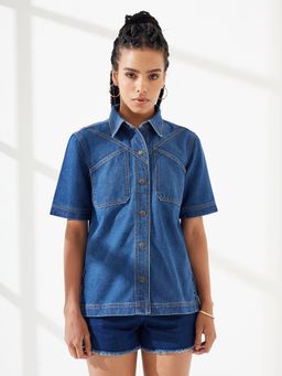 DOLCE CRUDO - Blue Solid/Plain Half Sleeves Regular Shirt