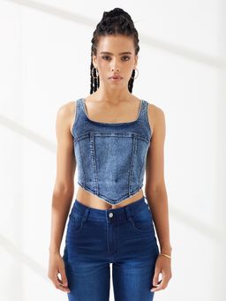 DOLCE CRUDO - Blue Solid/Plain Sleeveless Crop Top