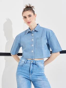 DOLCE CRUDO - Blue Solid/Plain Half Sleeves Crop Shirt