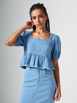 DOLCE CRUDO - Blue Solid/Plain Half Sleeves Regular Top