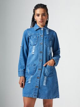 DOLCE CRUDO - Navy Blue Solid/Plain Full Sleeves Longline jacket