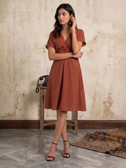 max - Brown Solid/Plain Half Sleeves Dress
