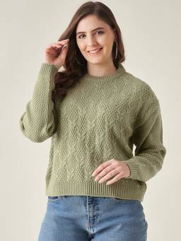 Modeve - Green Self Design Full Sleeves Crop Sweater