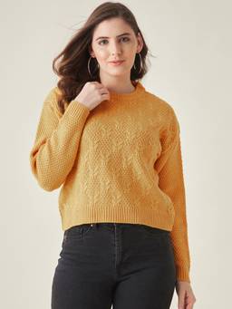 Modeve - Mustard Self Design Full Sleeves Crop Sweater