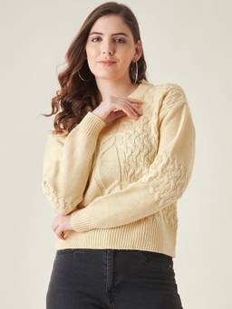 Modeve - Beige Self Design Full Sleeves Crop Sweater