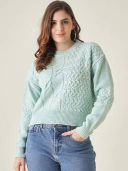 Modeve - Green Self Design Full Sleeves Crop Sweater