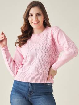 Modeve - Pink Self Design Full Sleeves Crop Sweater