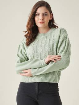 Modeve - Green Self Design Full Sleeves Crop Sweater