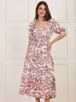 Globus - Cream Floral Half Sleeves Dress