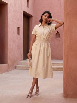 max - Beige Embroidered Half Sleeves Dress