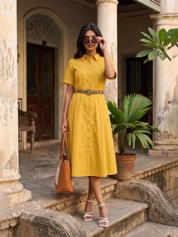 max - Yellow Solid/Plain Half Sleeves Dress with Belt