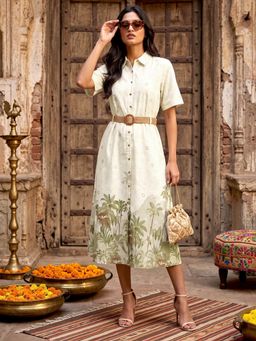 max - Off White Printed Half Sleeves Dress with Belt