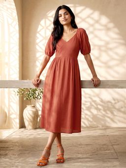 max - Rust Textured Half Sleeves Dress