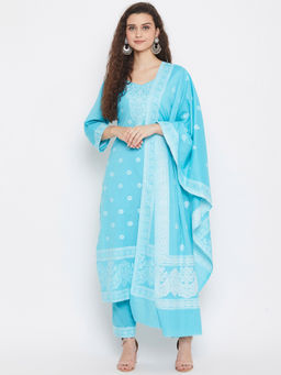 Safaa - Ferozi Cotton Jacquard Chikankari Unstitched Suit