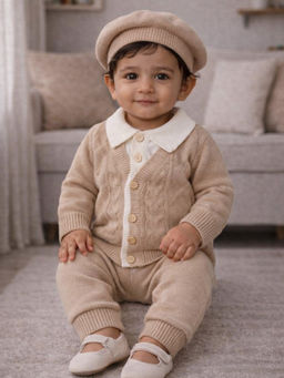 Little Surprise Box - Beige Cream Winter Cardigan & Pant with Beret-Style Cap
