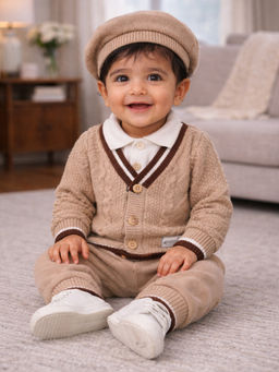 Little Surprise Box - Beige Brown Bordered Winter Knit Cardigan & Pant with Beret Cap