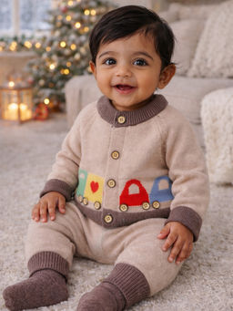 Little Surprise Box - Beige & Brown Train Patch Winter Cardigan & Pant