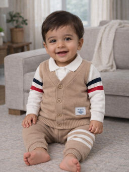 Little Surprise Box - Beige with Red-Navy Stripes Sleeves Winter Cardigan & Pant