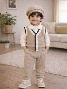 Little Surprise Box - Beige Vest-Style Winter Cardigan & Pant with Beret Cap