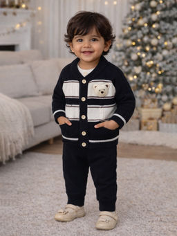 Little Surprise Box - Black Cream Ted Face Winter Cardigan & Pant