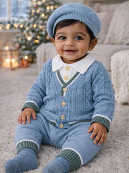 Little Surprise Box - Blue & Green Border Winter Knit Cardigan & Pant with Beret Cap