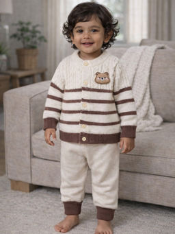 Little Surprise Box - Cream with Brown Stripes Winter Knit Cardigan & Pant