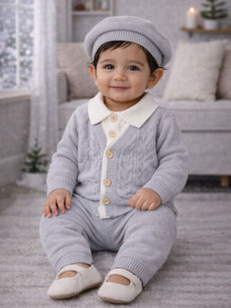 Little Surprise Box - Grey Cable Winter Cardigan & Pant with Beret Cap