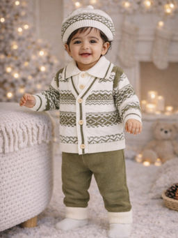 Little Surprise Box - Green ZigZag Winter Cardigan & Pant with Matching Cap