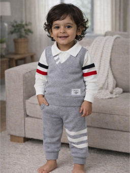 Little Surprise Box - Grey with Red-Navy Blue Stripes Sleeves Winter Cardigan & Pant