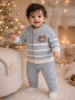 Little Surprise Box - Grey with White Stripes Winter Knit Cardigan & Pant