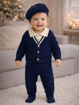 Little Surprise Box - Navy Blue Cream Winter Knit Cardigan & Pant with Beret Cap