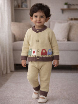 Little Surprise Box - Olive & Brown Train Patch Winter Cardigan & Pant