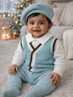 Little Surprise Box - Blue Vest-Style Winter Cardigan & Pant with Beret-Style Cap