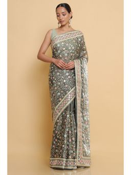 Soch - Women Olive Embellished & Sequined Saree with Unstitched Blouse