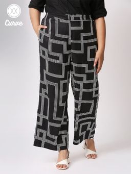 Twenty Dresses by Nykaa Fashion - Curve Black And White Geometric Print Work Pants