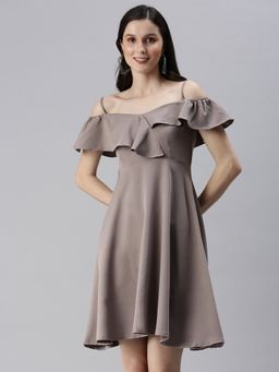 SHOWOFF - Women's Solid Taupe Fit And Flare Dress