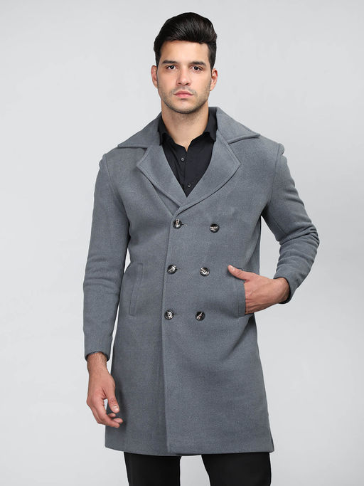 CHKOKKO Men Winter Wear Long Coat Grey