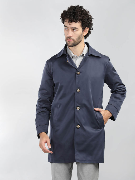 CHKOKKO Men Semi Winter Wear Trench Coat Navy Blue