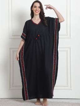 Secret Wish - Solid Black Cotton Kaftan Nighty