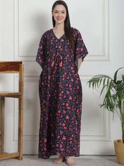 Secret Wish - Floral Print Navy Blue Cotton Kaftan Nighty